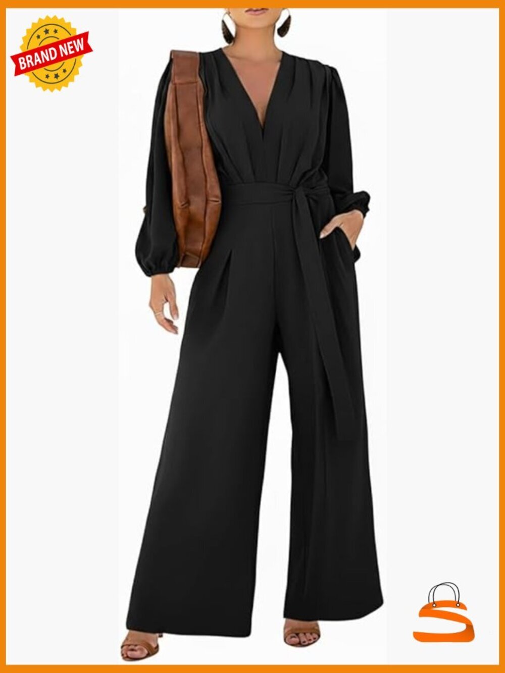 Long Sleeve Jumpsuit with Puff Sleeves V-Neck Tie Waist Wide Leg Pockets